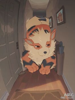 arc_draws arcanine brown_eyes ceiling commentary door doormat gen_1_pokemon hallway highres indoors nintendo no_humans no_pupils pokemon pokemon_(creature) pokemon_focus signature solo stuck twitter_username umbrella