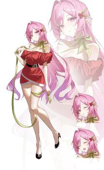 1girl absurdres alternate_costume bare_legs bare_shoulders belt black_belt black_shoes breasts choker cleavage commentary cyrene_(honkai:_star_rail) cyrene_(ripples_of_past_reverie)_(honkai:_star_rail) dress english_commentary full_body hair_ornament head_tilt high_heels highres holly_hair_ornament honkai:_star_rail honkai_(series) large_breasts lipton_(user_nfaw4242) long_hair multiple_expressions off-shoulder_dress off_shoulder pink_hair pointy_ears purple_eyes red_dress ribbon_choker shoes short_dress short_sleeves simple_background solo standing very_long_hair white_background yellow_choker zoom_layer