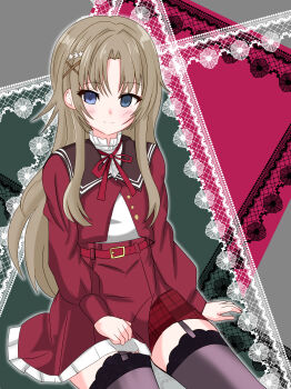 1girl abiko_hiromi absurdres arm_at_side assault_lily belt belt_buckle blue_eyes blush brown_hair brown_sailor_collar brown_thighhighs buckle buttons closed_mouth commentary cowboy_shot ebisu_nobu flower frilled_shirt_collar frills garter_straps green_background grey_background hair_flower hair_ornament hand_on_lap high-waist_skirt highres invisible_chair kanba_girls_high_school_uniform lace_background long_hair long_sleeves looking_at_viewer miniskirt neck_ribbon parted_bangs partially_unbuttoned pink_background red_belt red_ribbon red_shirt red_skirt ribbon sailor_collar school_uniform serafuku shirt sidelocks sitting skirt smile solo thighhighs very_long_hair white_flower white_shirt x_hair_ornament
