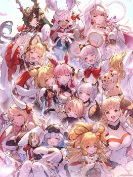andira_(granblue_fantasy) anila_(granblue_fantasy) animal_ears animal_print backless_outfit bai_(granblue_fantasy) bare_shoulders blonde_hair blue_eyes blush breasts catura_(granblue_fantasy) cleavage commentary_request cow_ears cow_girl cow_hat cow_horns cow_print detached_sleeves draph erune granblue_fantasy grey_hair gyaru hair_ornament harvin highres horn_ornament horns huang_(granblue_fantasy) indala_(granblue_fantasy) kumbhira_(granblue_fantasy) large_breasts long_hair looking_at_viewer mahira_(granblue_fantasy) makura_(granblue_fantasy) minaba_hideo monkey_ears monkey_girl nontraditional_miko payila_(granblue_fantasy) pointy_ears sandira_(granblue_fantasy) sheep_horns short_eyebrows sideboob sideless_outfit vajra_(granblue_fantasy) vikala_(granblue_fantasy)