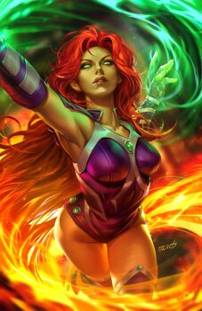 1girl armpits arms_up breasts dc_comics dcwj fire green_eyes highres leotard looking_up magic medium_breasts purple_leotard pyrokinesis red_hair signature solid_eyes solo starfire teen_titans
