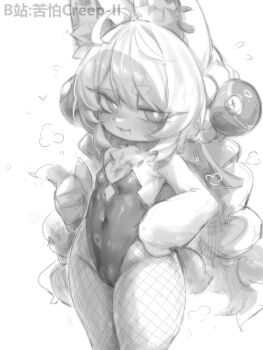 1girl ahoge alternate_costume animal_ears bilibili_username blush body_fur covered_navel fishnet_pantyhose fishnets flat_chest furry furry_female greyscale hair_between_eyes heart highres kupa_(jesterwii) loli long_hair looking_at_viewer monochrome open_mouth pantyhose playboy_bunny simple_background solo standing thick_thighs thighs white_background zenless_zone_zero zhao_(zenless_zone_zero)