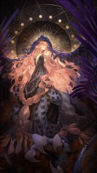 1girl absurdly_long_hair absurdres aqua_eyes bare_shoulders black_dress black_hands black_liquid black_veil blue_veil blush breasts centauroid chimera claws cleavage collarbone colored_extremities commentary daniel_deng dress gradient_skin green_eyes hair_between_eyes highres long_hair looking_up medium_breasts monster_girl nautika_(reverse:1999) parted_lips pink_hair plunging_neckline reverse:1999 sidelocks solo star_(symbol) strapless strapless_dress tassel taur two-tone_veil veil very_long_hair