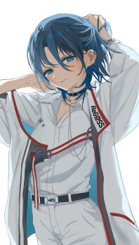 Rule 34 | 1girl, black choker, blue eyes, blue eyeshadow, blue hair, choker, earclip, eyeshadow, highres, hiodoshi ao, hiodoshi ao (regloss uniform), hololive, hololive dev is, jacket, looking at viewer, makeup, medium hair, noviceeeeeeee, official alternate costume, shirt, shorts, simple background, solo, tying hair, virtual youtuber, white background, white jacket, white shirt, white shorts