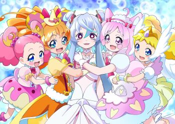 5girls :d ahoge angel_wings animal_ears aqua_hair arm_behind_back back_ribbon bear_ears blonde_hair bloomers blue_background blue_eyes blush_stickers boots bow bracelet bright_pupils brooch bubble_background bubble_skirt candy_(smile_precure!) chest_bow child choker collarbone colored_tips commentary cowboy_shot crossed_bangs cure_mofurun cure_pekorin cure_puca delicious_party_precure donut double_bun dress feathered_wings food food-themed_hair_ornament fox_ears fox_girl fox_tail frilled_wrist_cuffs frills gloves gold_bracelet gold_tiara grey_hair group_hug hair_between_eyes hair_bun hair_ornament happy hat hat_bow head_wings heart heart_brooch heart_hair_ornament highres hug in-franchise_crossover jewelry kirakira_precure_a_la_mode kome-kome kome-kome_(human) kome-kome_(human)_(children's_lunch_dress) light_blush long_hair looking_at_viewer magical_girl mahou_girls_precure! maid_headdress medium_dress medium_hair mini_hat mini_witch_hat mofurun_(mahou_girls_precure!) multicolored_hair multiple_girls open_mouth orange_dress orange_hair pekorin_(precure)_(human) pink_boots pink_bow pink_dress pink_eyes pink_hair pink_tail precure precure_all_stars precure_all_stars_f puca_(precure) puffy_short_sleeves puffy_sleeves rabbit_ears royal_candy see-through_clothes see-through_sleeves short_sleeves signature skirt smile smile_precure! star_(symbol) star_in_eye symbol_in_eye tail tareme thick_eyebrows tiara tirofinire trait_connection twintails two-tone_hair underwear white_choker white_gloves white_wings white_wrist_cuffs wings witch_hat wrist_cuffs yellow_bloomers yellow_dress yellow_gloves yellow_hat