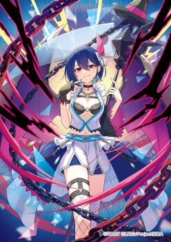 Rule 34 | 1girl, black bra, black choker, blue hair, bra, breasts, character request, choker, cleavage, closed mouth, commentary request, copyright notice, fishnet thighhighs, fishnets, highres, holding, holding staff, looking at viewer, medium breasts, official art, peron (niki2ki884), red eyes, shirt, short hair, shorts, smile, solo, staff, thighhighs, tongue, tongue out, underwear, white shirt, white shorts, white thighhighs, wixoss