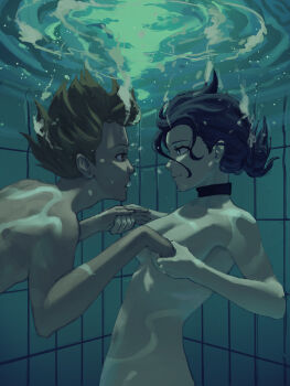 1boy 1girl absurdres air_bubble black_choker black_hair breasts brown_hair bubble chainsaw_man choker denji_(chainsaw_man) evenin9 eye_contact green_eyes hair_bun highres holding_hands looking_at_another navel nude partially_submerged reze_(chainsaw_man) small_breasts underwater water