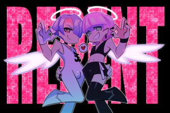 2boys absurdres aki_(sketchkun) angel_wings asymmetrical_clothes black_nails black_thighhighs blue_eyes blunt_bangs brothers bulge commentary earrings english_commentary english_text gloves hair_over_one_eye halo halterneck hand_on_another's_ass heart heaven_(kanji) highres jewelry jumpsuit looking_at_viewer male_focus midriff multiple_boys navel ok_sign outline panty_&amp;_stocking_with_garterbelt pink_background pink_hair polyester_(psg) polyurethane_(psg) purple_hair red_eyes siblings single_pantsleg sleeveless_jumpsuit smile spoken_heart sweat text_background thighhighs white_gloves white_jumpsuit white_outline wings wristband