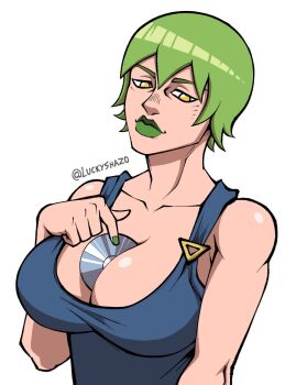 1girl artist_name between_breasts breasts cd foo_fighters_(jojo) green_hair green_lips highres jojo_no_kimyou_na_bouken large_breasts luckyshazo object_between_breasts overalls solo stone_ocean