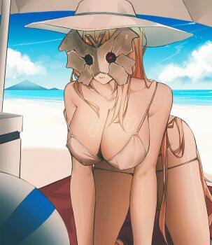 1girl all_fours armpit_crease ball beach beach_towel beach_umbrella beachball breasts convenient_censoring covered_erect_nipples dulcinea_(project_moon) hat highres large_breasts light_smile limbus_company long_hair looking_at_viewer mask mask_on_head ocean off_shoulder project_moon red_eyes refrigerator solo sweat thighs towel two_strongtiger umbrella undressing very_long_hair