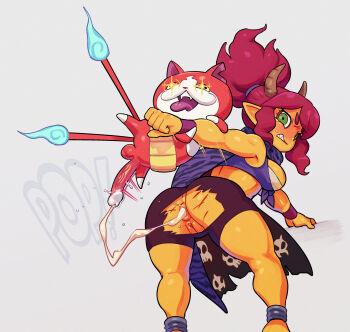 1boy 1girl after_anal aftersex anal animal_print anklet anus barefoot bike_shorts black_shorts bracelet cape cat chest_sarashi clenched_teeth colored_skin crop_top cum cum_in_ass cumdrip demon_horns ejaculation fangs feet_out_of_frame front-tie_top frown full_body furry furry_male green_eyes haramaki highres horns interspecies jewelry jibanyan large_penis leaning_forward long_hair low_neckline multiple_anklets multiple_tails noill notched_ear oni open_mouth penis pointy_ears ponytail print_cape pull_out purple_cape pussy red_hair sarashi scarf scratches sharp_teeth shorts skull_print smile sparkling_eyes sweatdrop tail teeth testicles tiger_print tongue tongue_out torn_clothes torn_shorts two_tails v-shaped_eyebrows veins veiny_penis yamabukihime yellow_skin youkai_(youkai_watch) youkai_watch