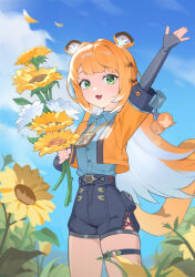 Rule 34 | 1girl, absurdres, animal ear fluff, animal ears, blonde hair, dress, field, fingerless gloves, flower, flower field, gloves, green eyes, highres, hijuk, holding, ju fufu, long hair, looking at viewer, multicolored hair, open mouth, shirt, shorts, smile, solo, sunflower, sunflower field, tail, tiger ears, tiger girl, tiger tail, zenless zone zero
