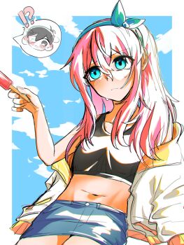 Rule 34 | !?, 1boy, 1girl, antenna hair, aubrey (faraway) (omori), aubrey (omori), black eyes, black hair, blue eyes, blue hairband, blue skirt, blush, chibi, chibi inset, closed mouth, collarbone, crop top, denim, denim skirt, double-parted bangs, eyepatch, food, hair between eyes, hairband, highres, holding, holding food, holding popsicle, jacket, long hair, long sidelocks, long sleeves, manatei603, navel, omori, open clothes, open jacket, pink hair, pink nails, popsicle, short hair, sidelocks, skirt, speech bubble, spoilers, sunny (omori), sweat, white jacket