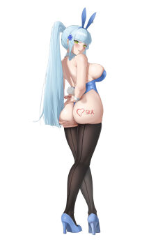 1girl absurdres animal_ear_hairband animal_ears arm_behind_back ass bare_back black_thighhighs blue_hair blue_leotard blue_shoes blush breasts commentary_request crossed_legs fake_animal_ears fake_tail from_behind full_body girls'_frontline girls'_frontline_2:_exilium green_eyes hair_ornament hairband hand_on_own_ass high_heels highres hk416_(girls'_frontline) holding holding_marker huge_breasts klukai_(girls'_frontline_2) leotard little_bit_(544633426) long_hair looking_at_viewer looking_back marker parted_lips playboy_bunny ponytail rabbit_ears rabbit_tail shoes sidelocks simple_background solo tachi-e tail thighhighs white_background