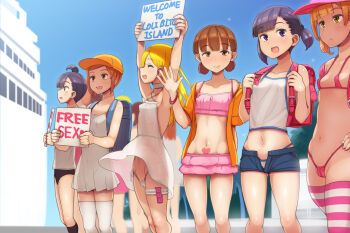 6+girls abubu backpack bag bikini black_hair blonde_hair blush breasts brown_eyes brown_hair cameltoe choker condom condom_packet_strip condom_wrapper english_text female_focus green_eyes hat loli loli_bitch_island long_hair looking_at_viewer micro_bikini multiple_girls navel original outdoors panties purple_eyes randoseru short_hair sign small_breasts swimsuit thighhighs twintails underwear