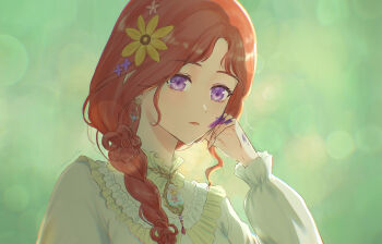 1girl blurry blurry_background braid closed_mouth collared_shirt commentary_request day diamond-shaped_earrings dot_nose earrings expressionless eyelashes flower flower-shaped_hair forest frilled_shirt_collar frilled_sleeves frills gold_earrings hair_flower hair_ornament hair_over_shoulder hand_on_own_cheek hand_on_own_face highres jewelry kohanai_setsuna light_blush light_frown light_particles lipstick long_hair long_sleeves looking_at_viewer makeup nature nikki_(series) on_a_sunny_field_(shining_nikki) outdoors paint_on_hands paint_splatter paint_splatter_on_face palms parted_bangs pendant pink_flower puffy_long_sleeves puffy_sleeves purple_eyes purple_flower red_hair red_lips shining_nikki shirt single_braid solo thinking upper_body white_shirt yellow_flower