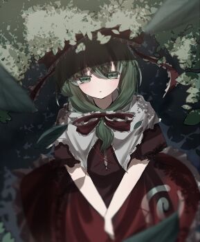 1girl commentary_request dress from_above front_ponytail green_eyes green_hair hair_ribbon highres kagiyama_hina long_hair looking_at_viewer own_hands_together red_dress ribbon shadow short_sleeves solo stk_(satsuki) sunlight touhou