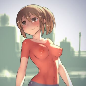 Rule 34 | 1girl, aaaa (quad-a), averting eyes, backlighting, bad id, bad pixiv id, blue sky, bodypaint, breasts, brown eyes, brown hair, cityscape, closed mouth, collarbone, day, exhibitionism, female focus, hair between eyes, highres, looking away, looking to the side, medium breasts, naked paint, navel, nervous smile, nipples, nude, original, outdoors, painted clothes, public indecency, sky, smile, solo, standing, stomach, sunlight, sweat, sweatdrop, tareme, upper body