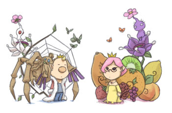 1boy 1girl alternate_costume bare_shoulders big_nose black_eyes blonde_hair blue_footwear blue_pants branch brittany_(pikmin) bug butterfly candypop_bud closed_eyes colored_skin commentary_request crown dress expressionless flower food frilled_dress frills fruit fruit_request full_body fur-trimmed_robe fur-trimmed_sleeves fur_trim glasses grapes grey_shirt insect ivory_candypop_bud jewelry king kiwi_(fruit) kiwi_slice leaf lemon long_dress long_sleeves looking_at_viewer louie_(pikmin) mosquito naru_(wish_field) necklace nintendo no_mouth off-shoulder_dress off_shoulder on_flower open_clothes open_robe orange_(fruit) orange_butterfly pants parted_lips peach pikmin_(creature) pikmin_(series) pink_flower pink_hair pointy_ears pointy_nose purple_flower purple_pikmin purple_skin queen red-framed_eyewear red_eyes red_robe robe shadow shirt shoes short_hair silk simple_background sitting solid_circle_eyes solid_eyes spider spider_web standing strawberry titan_dweevil triangular_eyewear very_short_hair violet_candypop_bud white_background white_flower white_pikmin white_skin yellow_crown yellow_dress