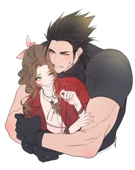 1boy 1girl aerith_gainsborough armor black_gloves black_hair blue_eyes bracelet breasts brown_hair cleavage couple crisis_core:_final_fantasy_vii cropped_torso cross_scar facial_scar final_fantasy final_fantasy_vii final_fantasy_vii_remake gloves green_eyes hair_ribbon highres hug hug_from_behind jacket jewelry parted_bangs parted_lips pink_ribbon red_jacket ribbon s_sohwagi_s scar scar_on_cheek scar_on_face shoulder_armor sleeveless sleeveless_turtleneck small_breasts smile spiked_hair sweater turtleneck turtleneck_sweater upper_body white_background zack_fair