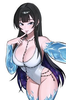 1girl absurdres armpits bare_hips bare_legs beads black_eyes black_hair breasts covered_navel highleg highres ice large_breasts long_hair looking_at_viewer mole mole_on_shoulder multicolored_hair open_mouth original selfie simple_background teeth thighs two-tone_hair white_background zeon_(zzeeonn)