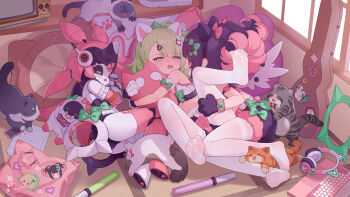 3girls animal_ears animal_hands aria_(robot)_(zenless_zone_zero) aria_(zenless_zone_zero) bangboo_(zenless_zone_zero) black_hair blush cat cat_ears chinese_commentary commentary_request fake_animal_ears gloves green_eyes green_hair highres hugging_object indoors lying multiple_girls nangong_yu no_shoes on_back on_side open_mouth pantyhose paw_gloves pillow pillow_hug pink_hair red_eyes robot_girl sunna_(zenless_zone_zero) tearing_up tsubasa_tsubasa white_pantyhose zenless_zone_zero