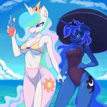 2girls animal_ears bikini black_one-piece_swimsuit blue_eyes blue_fur blue_hair breasts cleavage curvy cutie_mark drink fajeh furry furry_female green_hair highres holding holding_drink holding_hands holding_umbrella horse_ears horse_girl horse_tail large_breasts long_hair multicolored_hair multiple_girls my_little_pony my_little_pony:_friendship_is_magic ocean one-piece_swimsuit outdoors parasol personification pink_hair princess_celestia princess_luna purple_eyes sarong see-through_clothes see-through_sarong siblings sisters small_breasts smile standing swimsuit tail tiara umbrella unicorn_girl unicorn_horn very_long_hair water white_fur wide_hips yellow_bikini