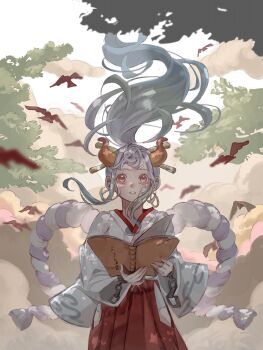 1girl bird book commentary cuffs earrings floating_hair hair_ornament hakama handcuffs highres holding holding_book horns japanese_clothes jewelry one_piece outdoors parted_lips ponytail red_hakama rope shimenawa solo u_mi031 white_hair wide_sleeves wind yamato_(one_piece)