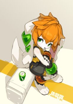 1girl 2018 2025 absurdres ahoge animal_ears anklet bag barefoot basset_hound black_nails bracelet breasts can chinese_clothes chinese_commentary chinese_knot closed_mouth commentary crop_top digitigrade dog dog_ears dog_girl dog_tail english_commentary freedom_planet freedom_planet_2 from_above full_body furry furry_female galaxytrail green_eyes head_tilt highres jewelry krita_(medium) light_blush light_smile looking_at_viewer looking_up milla_basset orange_hair pawpads raised_inner_eyebrows romper signature simple_background sitting small_breasts tail tareme tsurime tyson_tan wristband