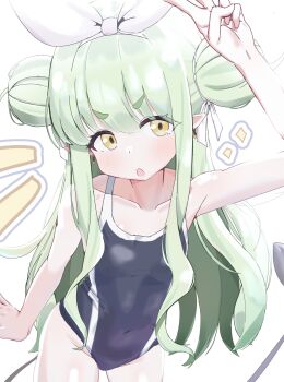 1girl alternate_costume arm_up artist_request blue_archive blue_one-piece_swimsuit breasts covered_navel demon_tail double_bun earrings green_hair hair_bun hair_ribbon highres hikari_(blue_archive) jewelry long_hair one-piece_swimsuit open_mouth otintinsukidesu pointy_ears ribbon small_breasts solo standing swimsuit tail v white_background white_ribbon yellow_eyes