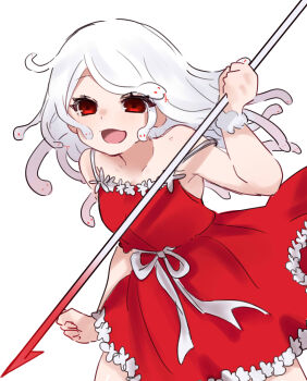 Rule 34 | 1girl, :d, absurdres, arm at side, armpits, bare shoulders, blush, bow, breasts, clenched hands, collarbone, commentary, cowboy shot, dress, dress bow, dress flower, eyelashes, flower, god nadeko, harpoon, highres, holding harpoon, incoming attack, koimonogatari, light blush, long hair, looking at viewer, monogatari (series), official alternate eye color, official alternate hairstyle, open mouth, red dress, red eyes, scrunchie, sengoku nadeko, short dress, simple background, sleeveless, sleeveless dress, small breasts, smile, snake hair, solo, spaghetti strap, strap slip, sundress, swept bangs, tsugumi (tgm 615486), white background, white bow, white flower, white hair, white scrunchie, wrist scrunchie