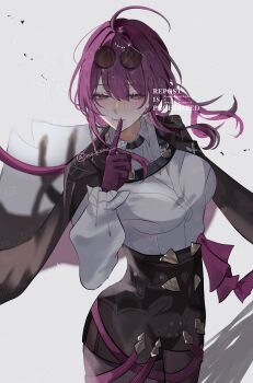 1girl artist_name breasts cowboy_shot eyewear_on_head finger_to_mouth gloves highres honkai:_star_rail honkai_(series) jacket kafka_(honkai:_star_rail) large_breasts nukoxx_02 pantyhose ponytail purple_eyes purple_hair shirt shorts shushing watermark white_background