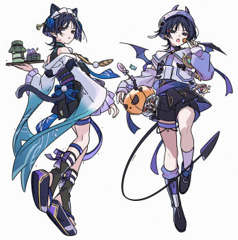 2boys alternate_costume animal_ears animal_print aqua_gemstone arm_at_side asymmetrical_footwear bare_shoulders belt beret black_belt black_bodysuit black_boots black_bow black_sandals black_shirt black_shorts black_skirt black_socks blue_sleeves blunt_ends bodysuit boots bottle bow breast_pocket candy cat_boy cat_ears cat_print cat_tail character_doll clothing_cutout collar colored_inner_hair contemporary crossdressing crossdressing_(mtf) cup demon_tail demon_wings detached_sleeves doll dual_persona enmaided eyeliner eyeshadow feathers fingernails food frilled_sleeves frills full_body furisode gem genshin_impact gold gradient_sleeves hair_ornament hakama hakama_skirt half-skirt hand_up hat highres hip_vent holding holding_candy holding_food holding_lollipop holding_pumpkin holding_tray japanese_clothes kimono lollipop long_sleeves looking_at_viewer looking_back maid maid_headdress makeup male_maid mini_durin_(dragon)_(genshin_impact) mini_durin_(genshin_impact) multicolored_hair multiple_boys munya_(pic) niwa_(genshin_impact) obi off_shoulder okobo open_mouth parted_lips platform_sandals pocket pom_pom_(clothes) pumpkin purple_belt purple_eyes purple_hair purple_hat purple_rope purple_sash purple_shirt purple_sleeves purple_socks purple_tail purple_wings red_eyeliner red_eyeshadow rope sandals sash scaramouche_(cat)_(genshin_impact) scaramouche_(genshin_impact) shirt shorts shorts_under_skirt skirt socks stirrup_footwear swirl_lollipop tail thigh_strap toes traditional_youkai tray tsurime undershirt wa_maid wanderer_(genshin_impact) white_background white_collar white_kimono white_mouth wide_sleeves wings wispy_bangs yellow_feathers