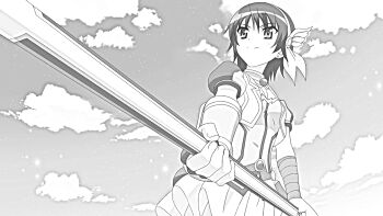 Rule 34 | 1girl, cloud, dog days, female focus, greyscale, highres, monochrome, short hair, sketch, sky, smile, solo, staff, takatsuki nanami