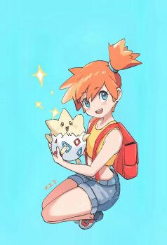 Rule 34 | 1girl, :d, aqua background, backpack, bag, bare arms, blue background, blue eyes, blush, crop top, denim, denim shorts, eyelashes, gen 2 pokemon, hair tie, holding, holding pokemon, looking at viewer, midriff, misty (pokemon), nintendo, open mouth, orange hair, pokemon, pokemon (anime), pokemon (classic anime), pokemon (creature), ponytail, red bag, shirt, shoes, short hair, short shorts, shorts, side ponytail, simple background, sleeveless, sleeveless shirt, smile, sneakers, sparkle, squatting, suspenders, teeth, togepi, tongue, upper teeth only, yellow shirt