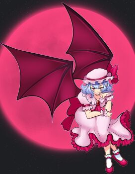 Rule 34 | 1girl, back bow, bat wings, bow, dress, dress bow, fang, frilled dress, frills, full body, full moon, hand on own cheek, hand on own face, hat, hat ribbon, highres, looking at viewer, missandydandy, mob cap, moon, pink dress, pink hat, red bow, red eyes, red moon, red ribbon, red shoes, remilia scarlet, ribbon, shoes, short hair, short sleeves, smile, smug, socks, solo, touhou, white socks, wings, wrist cuffs