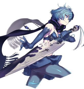 1girl bare_shoulders beads blue_bra blue_eyes blue_gloves blue_hair blue_pantyhose blue_skirt bra breasts cleavage drag-on_dragoon drag-on_dragoon_3 elbow_gloves flower gloves hair_flower hair_ornament hair_over_one_eye highres holding holding_sword holding_weapon light_blue_hair medium_breasts miniskirt pantyhose puchiman purple_scarf scarf short_hair simple_background skirt solo sword two_(drag-on_dragoon) underwear weapon white_background