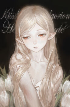 1girl absurdres bare_shoulders black_background blonde_hair character_name collarbone crossed_arms dress expressionless flat_chest flower hair_over_shoulder half-closed_eyes highres kiss-shot_acerola-orion_heart-under-blade kiss-shot_acerola-orion_heart-under-blade_(young) kizumonogatari lips long_hair looking_to_the_side monogatari_(series) nose orange_eyes oshino_shinobu parted_bangs parted_lips pointy_ears revision sleeveless sleeveless_dress solipsist solo straight-on straight_hair strap_slip sundress tulip upper_body very_long_hair white_dress white_flower white_tulip