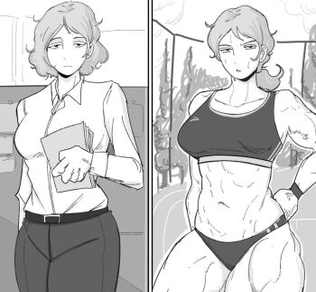 Rule 34 | 1girl, belt, cubicle, folder, looking at viewer, muscular, muscular female, office lady, original, out de, pants, ponytail, running track, short hair, solo, sweat, sweatband, tank top, veins, veiny arms