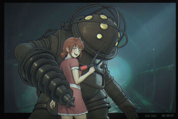 1girl :d absurdres big_daddy_(bioshock) bioshock_(series) black_border blue_eyes border breasts crossover diving_suit dress drill drill_hand everlasting_summer frilled_dress frills hair_between_eyes highres holding leonzo open_mouth outside_border red_dress red_hair short_sleeves smile standing teeth thighs tongue twintails upper_teeth_only ussr-tan