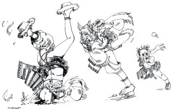 1girl absurdres armor artist_name asymmetrical_clothes ball blank_eyes blunt_bangs breast_curtains breasts chasing commentary_request crosshatching faceplant fate/grand_order fate_(series) feather_hair_ornament feathers fetch floating_hair greyscale hair_ornament hatching_(texture) highres japanese_armor kusazuri long_hair monochrome motion_lines multiple_views mushroom_(osh320) navel okobo panties platform_sandals revealing_clothes sandals sequential shoulder_armor shrug_(clothing) side_ponytail simple_background single_pantsleg slipping small_breasts sode sparkle underwear ushiwakamaru_(fate) ushiwakamaru_(second_ascension)_(fate) v-shaped_eyebrows wide_sleeves