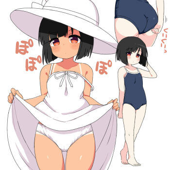 1girl adjusting_clothes adjusting_swimsuit alternate_height ass barefoot black_hair blue_one-piece_swimsuit blue_school_swimsuit blush bob_cut bow clothes_lift collarbone dress dress_lift flashing flat_chest hasshaku-sama hat hat_bow highres japanese_urban_legends loli multiple_views naitou_kouse one-piece_swimsuit orange_eyes panties school_swimsuit short_hair sleeveless sleeveless_dress spaghetti_strap strap_slip sun_hat sundress swimsuit tan tanline underwear white_background white_bow white_dress white_hat white_panties