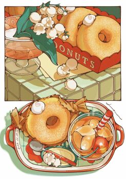 Rule 34 | cherry, commentary request, cream, donut, drink, drinking straw, flower, food, food focus, fruit, highres, ice, ice cube, lily of the valley, no humans, original, spoon, tiles, tray, trym hinano, water