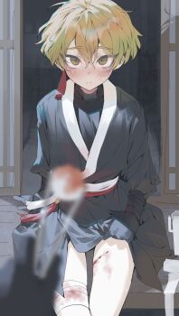 Rule 34 | 1boy, bad id, bad twitter id, bandaged leg, bandages, bare legs, black gloves, black kimono, black shirt, blade lineage (identity) (project moon), blonde hair, blood, blood on leg, blush, earrings, gloves, hair between eyes, highres, holding tweezers, inactive account, injury, japanese clothes, jewelry, kimono, korean commentary, light frown, limbus company, long sleeves, looking at viewer, male focus, maratang, pov, pov hands, project moon, red sash, sash, shirt, short hair, shouji, sinclair (project moon), single earring, sitting, sliding doors, sweat, tassel, tassel earrings, yellow eyes