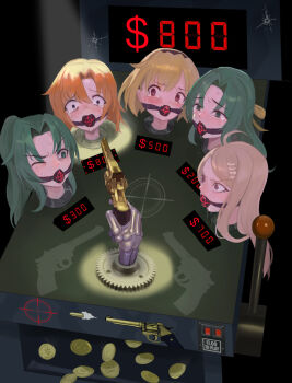 5girls akamatsu_kaede at_gunpoint ball_gag blonde_hair character_request coin crying danganronpa_(series) danganronpa_v3:_killing_harmony gag gagged green_eyes green_hair gun handgun higurashi_no_naku_koro_ni houjou_satoko imminent_death machine multiple_girls orange_hair raftetram red_eyes restrained revolver ryuuguu_rena scared sonozaki_mion sonozaki_shion sweat target torture weapon