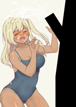 1girl absurdres bar_censor blonde_hair blush breasts censored closed_eyes competition_swimsuit cum cum_on_body cum_on_hair daipunch dark-skinned_female dark_skin ejaculation facial galzaki-san_(daipunch) highres large_breasts long_hair one-piece_swimsuit original sexually_suggestive sweat swimsuit