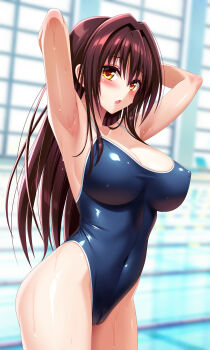 1girl absurdres armpits arms_up black_hair blush breasts brown_eyes cameltoe cleavage collarbone covered_erect_nipples covered_navel cygnus_(cygnus7) day highres indoors kotegawa_yui large_breasts long_hair looking_at_viewer midriff one-piece_swimsuit open_mouth paid_reward pool school_swimsuit shiny_skin shower_head solo swimsuit thighs to_love-ru wet