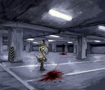 1girl black_eyes black_hat black_shoes black_thighhighs blood blood_splatter commentary_request contrast_collar green_hair green_skirt hair_between_eyes hat hat_ribbon heripantomorrow komeiji_koishi long_sleeves ribbon shirt shoes skirt standing thighhighs third_eye touhou wide_sleeves yellow_ribbon yellow_shirt