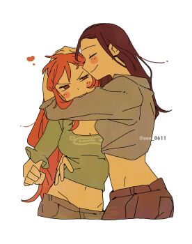 2girls ^_^ black_hair blush_stickers closed_eyes commentary heart highres hug long_hair midriff multiple_girls nami_(one_piece) navel nico_robin one_piece ooo_0611 orange_hair simple_background smile twitter_username white_background