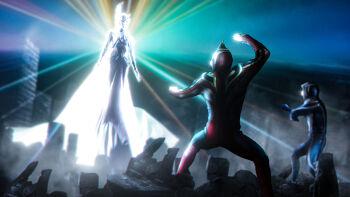 1girl 2boys absurdres alien arm_up armor battle black_eyes black_sky blue_skin blurry breastplate building city cityscape color_timer colored_skin commentary compound_eyes depth_of_field dorsal_fin dress fighting_stance figure_(medium) from_behind giant giant_male giantess glowing glowing_eyes gold_trim hands_up highres horns legs_apart looking_down looking_up love894anon multicolored_skin multiple_boys muscular muscular_male night no_pupils outdoors photo_(medium) red_skin rubble shoulder_armor silver_skin sky skyscraper spine standing tokusatsu two-tone_skin ultra_series ultraman_agul ultraman_gaia ultraman_gaia_(series) ultraman_gaia_(supreme_version) white_dress white_eyes wrinkled_skin zogu_(ultra_series)